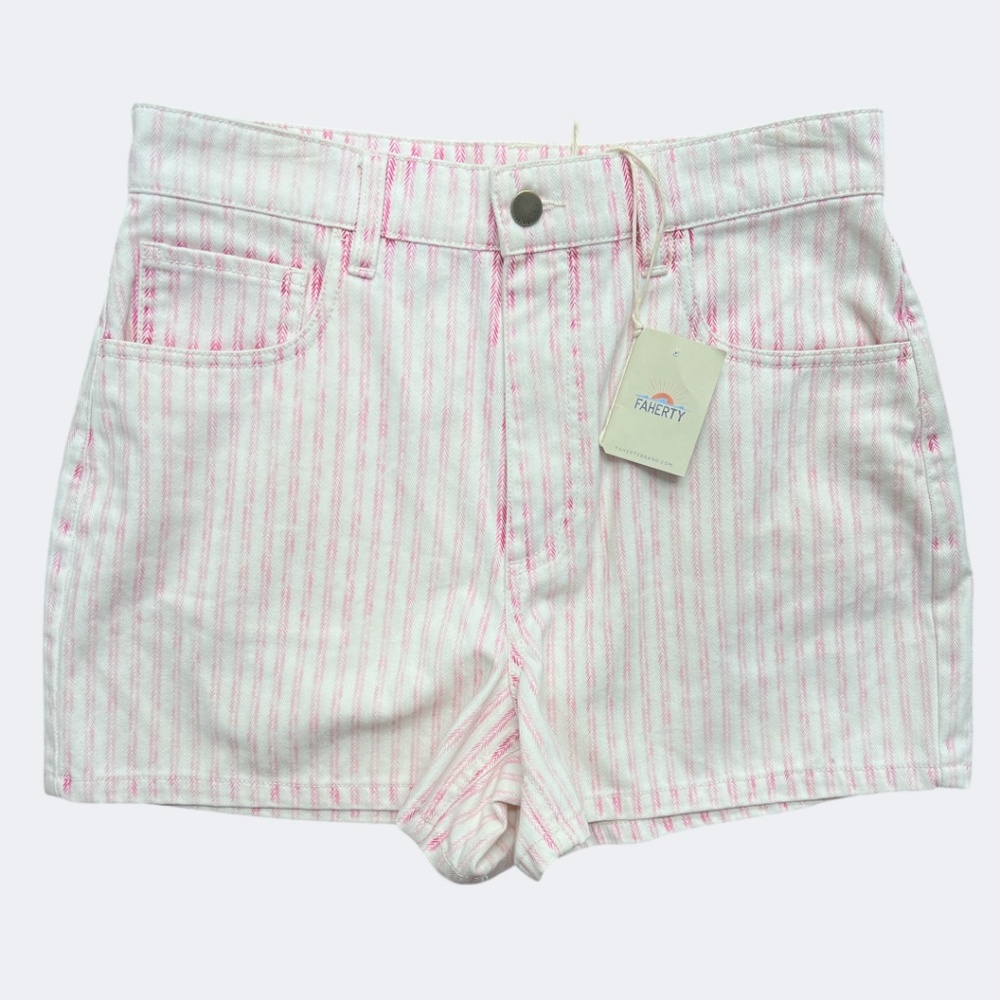 Faherty Shorts Women 28 Pink Cream Railroad Stripe Hi Rise Denim Coastal Casual